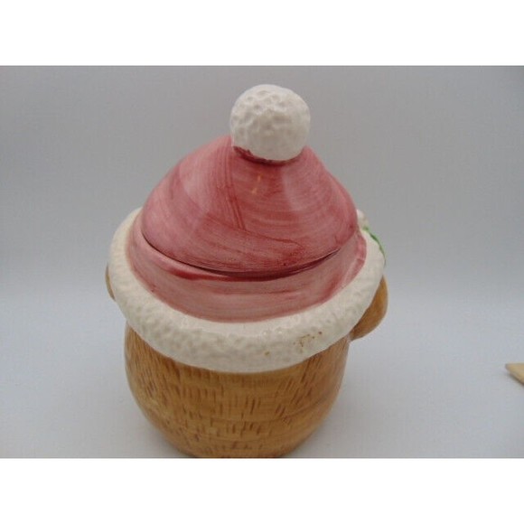 Small Brown Christmas Teddy Bear Cookie or Candy Jar Ceramic Hand Painted - Picture 3 of 12